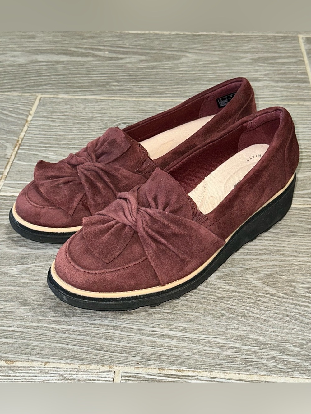 Clarks Sharon Dasher Burgundy Suede Comfort Shoes Women's 7.5M Platform Loafers